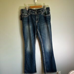 Silver Jeans Co. Suki Mid-Rise Bootcut Denim Jeans White Stitching Size 33 tall